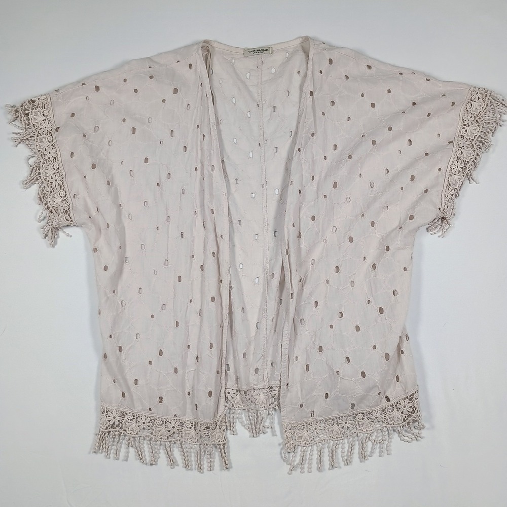 Valentina Naldi 100% Cotton Eyelet Open Cardigan Fringe Cream Ivory One Size